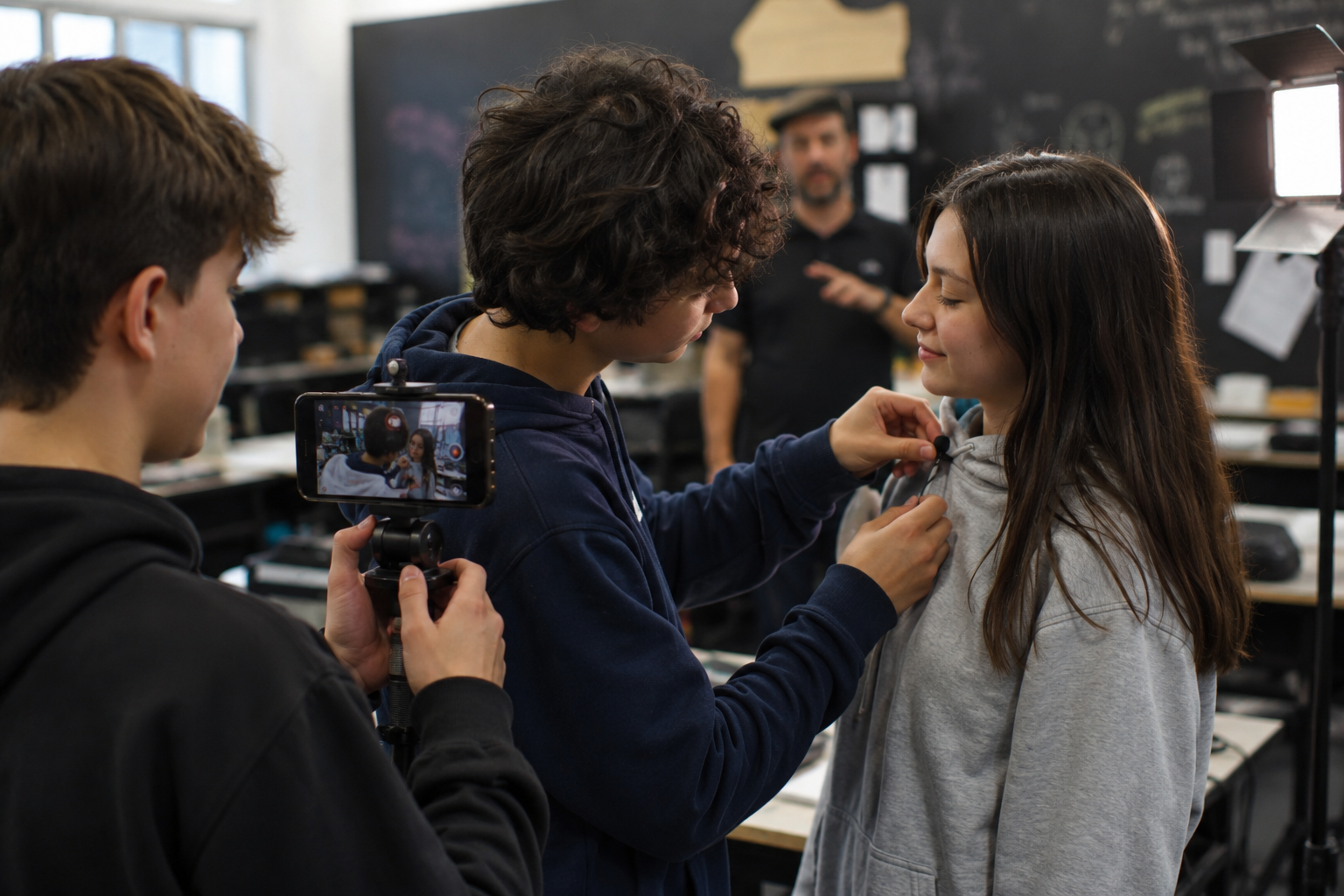 Jovens produzindo uma cena audiovisual - Curso de audiovisual para adolescentes em Blumenau