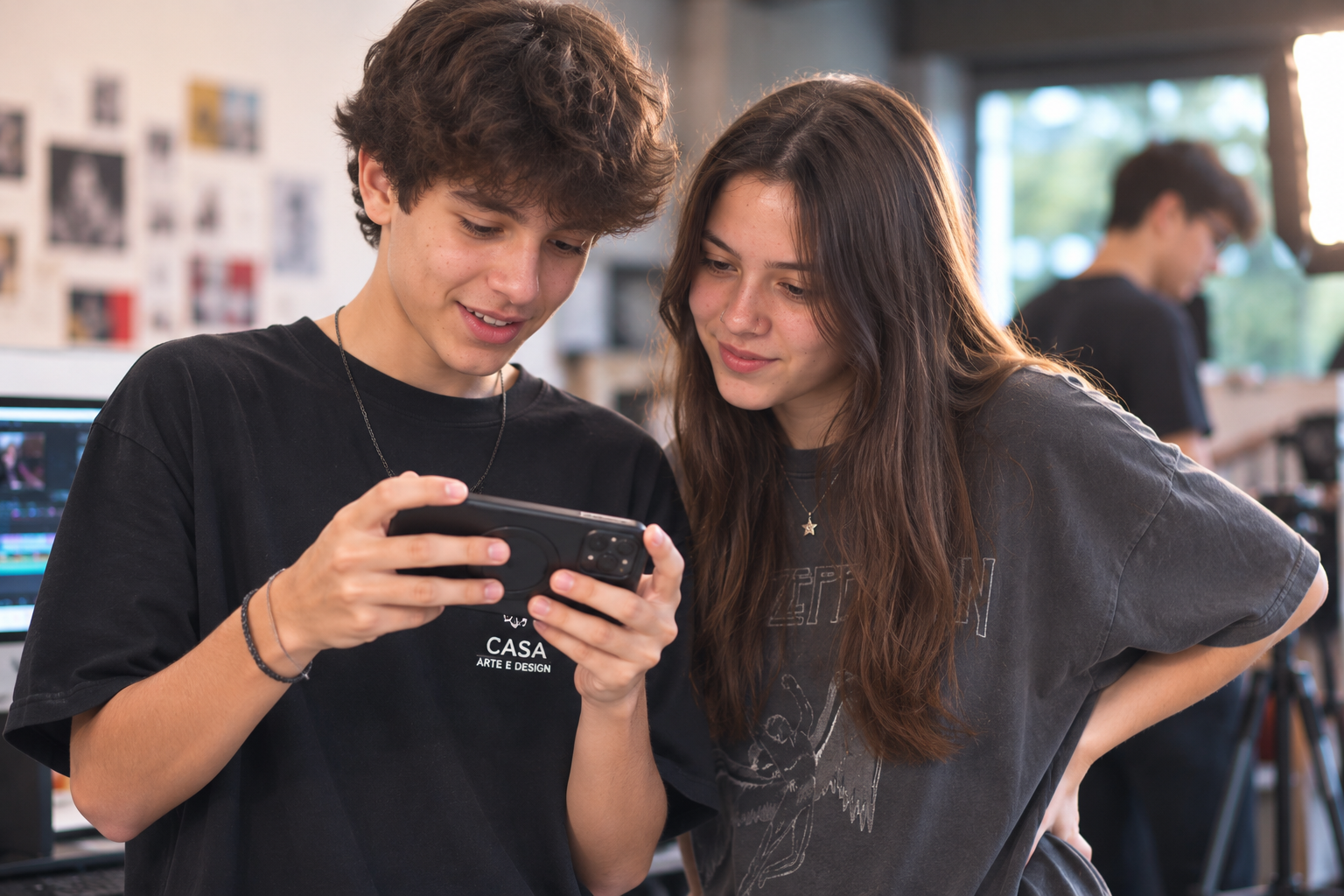 Jovens analisando como ficou a cena gravada.