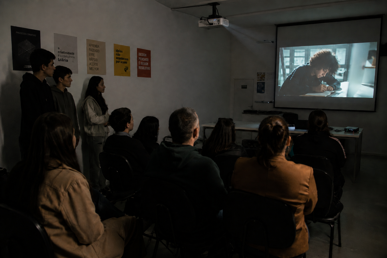 Pais participando de uma mostra de trabalho prático  - Curso de audiovisual para adolescentes em Blumenau