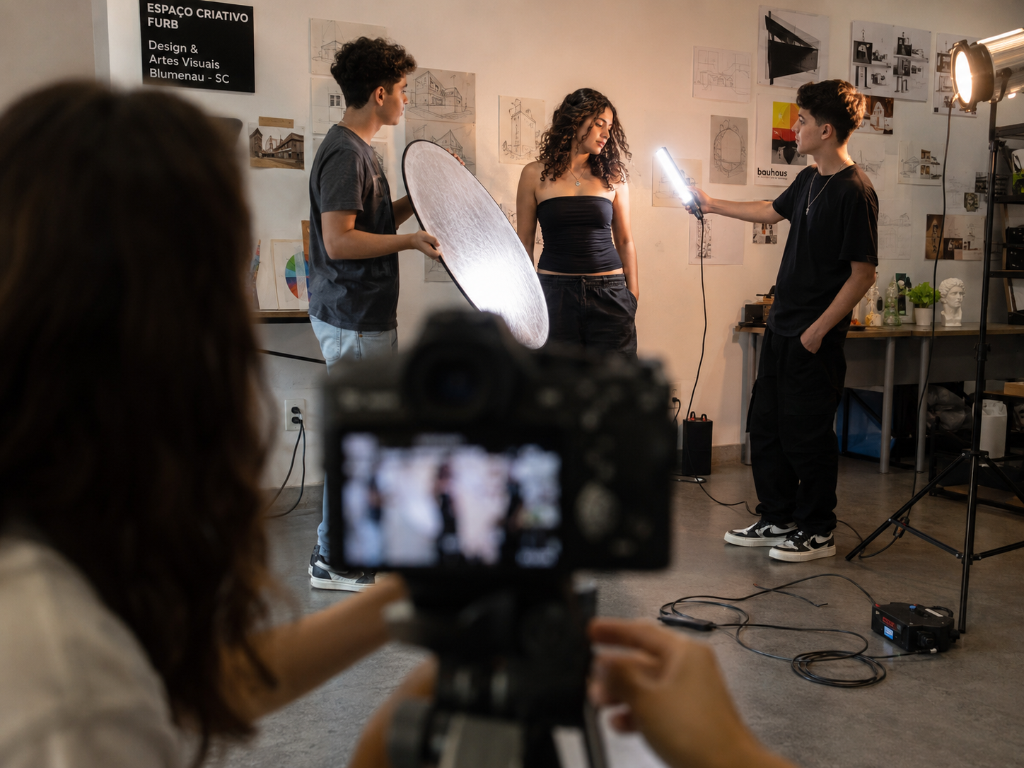 Jovens trabalhando em equipe numa gravação - Curso de audiovisual para adolescentes em Blumenau.
